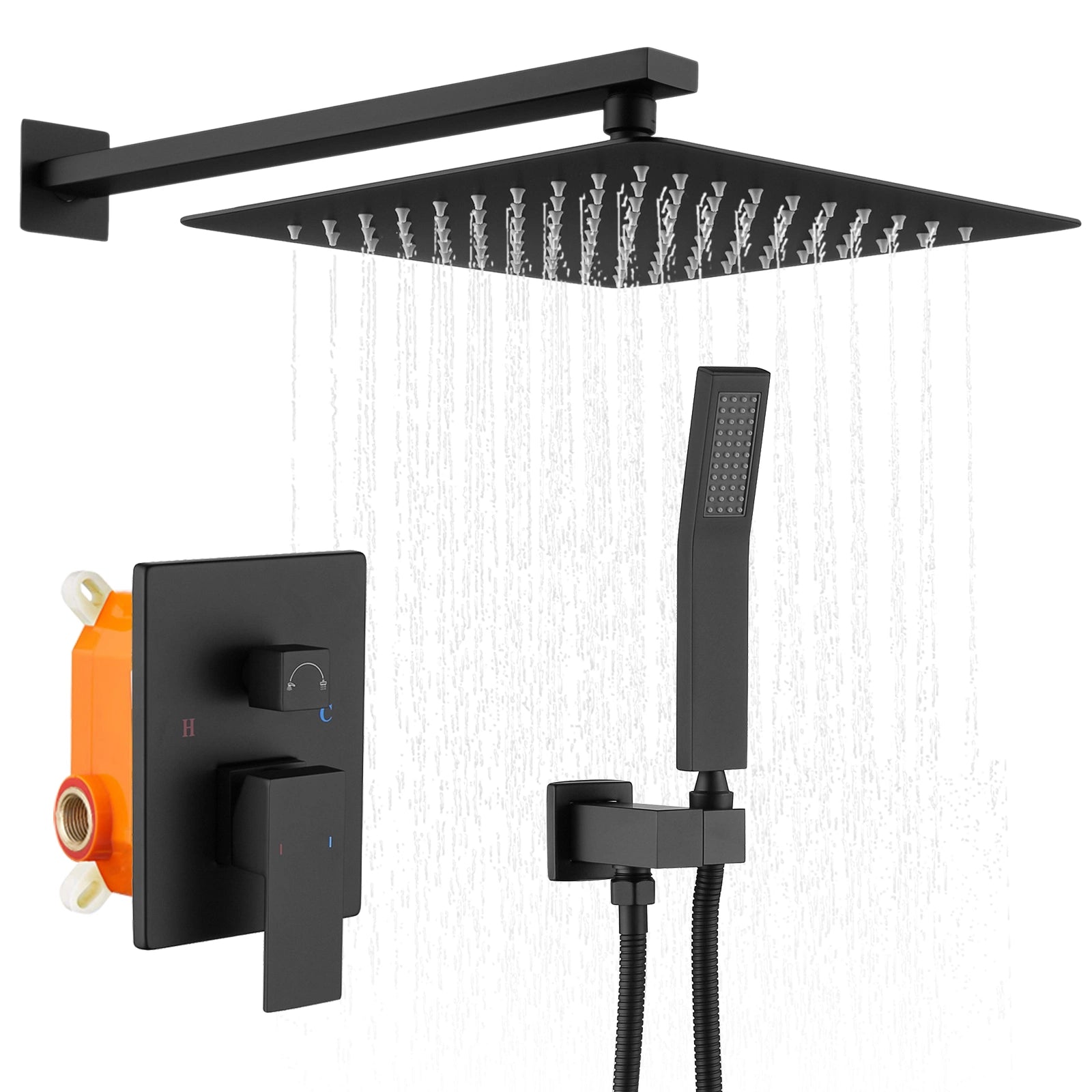 Shower Faucet Combo Set Wall Mounted with 12" Rainfall Shower Head and handheld shower faucet, Matt Black Finish with Brass Valve Rough-In - Designery