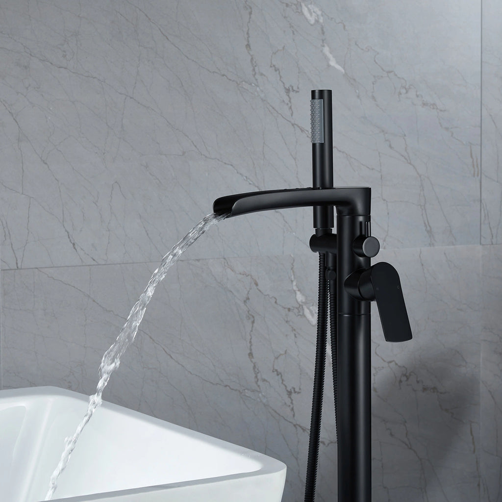 Single-Handle Freestanding Floor Mount Roman Tub Faucet Bathtub Filler with Hand Shower in Matte Black - Designery