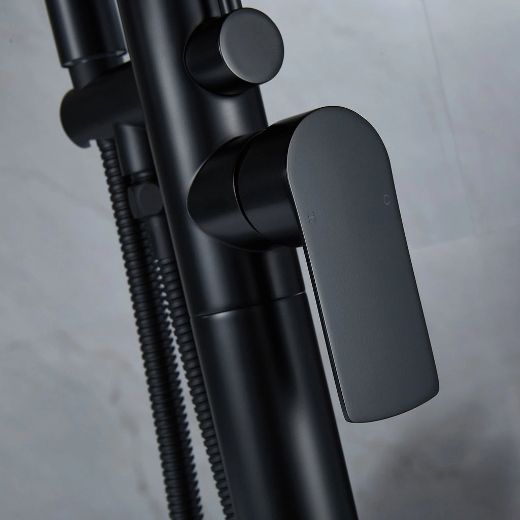Single-Handle Freestanding Floor Mount Roman Tub Faucet Bathtub Filler with Hand Shower in Matte Black - Designery